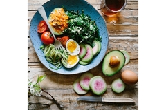 Image A blue plate with food items from the DASH diet.